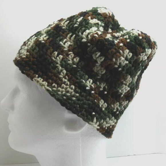 Camo Beanie 9" Baggy Cap OS Forest Camouflage Hat Handmade Crochet Hand Knit USA - Picture 3 of 9